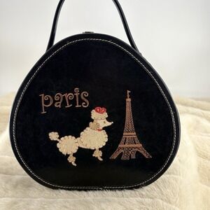 Vintage Paris Poodle Train Case Black Faux Leather Hatbox Purse, Eiffel Tower
